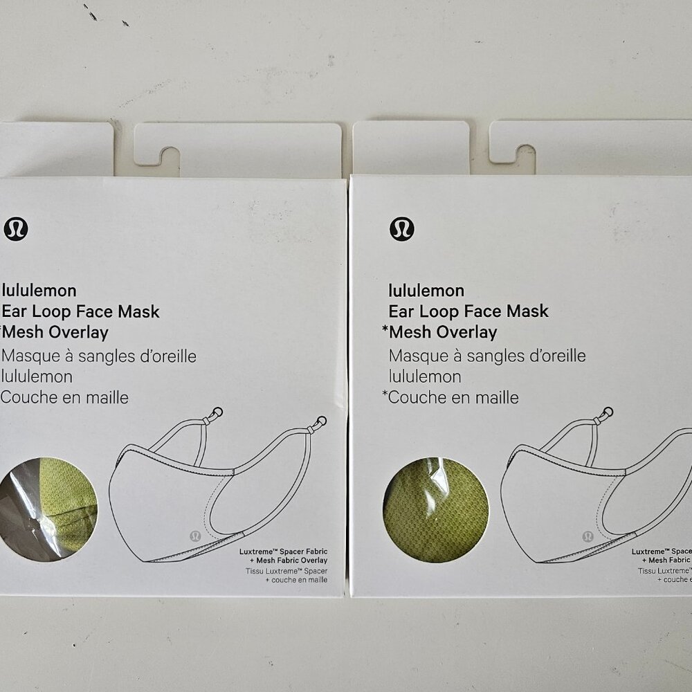 2 x NIB LULULEMON DD5Y/RHIG Yellow Ear Loop Face Mask Mesh Overlay Unisex OS